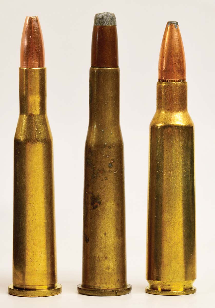 The 22 Savage Hi-Power (left) was derived by necking down the 25-35 Winchester (center). The Hi-Power was largely displaced three years after its introduction by the 250-3000 (right). Both Savage cartridges were designed by Charles Newton.